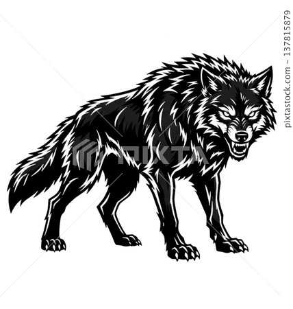 A fierce wolf with its mouth open standing on a dark background 137815879