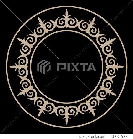 Traditional ornament of middle Asia for decoration of clothes and yurts. Nomadic ornament. Round frame plate Kazakh, Kyrgyz, Uzbek pattern. Ethnic decorative Oriental round frame. Islam, ottoman Traditional ornament of middle Asia for decoration of clothes and yurts. Nomadic ornament. Round frame plate Kazakh, Kyrgyz, Uzbek pattern. Ethnic decorative Oriental round frame. Islam, ottoman 137815883