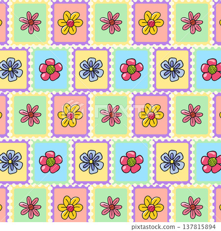 Horizontal rows of floral postage stamps pattern Horizontal rows of floral postage stamps pattern 137815894