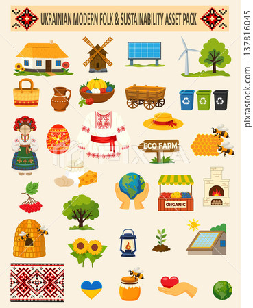 flat set inspired by Ukrainian folk culture and sustainable living the collection features vector illustration 137816045