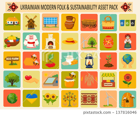 flat set inspired by Ukrainian folk culture and sustainable living the collection features vector illustration 137816046