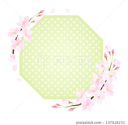 Octagonal frame with cherry blossom petals fluttering [Cloisonné] 137816231