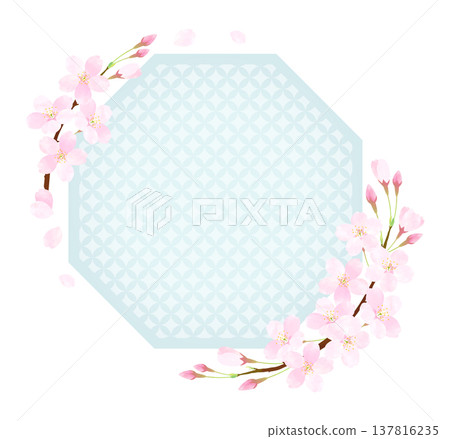 Octagonal frame with cherry blossom petals fluttering [Cloisonné] 137816235