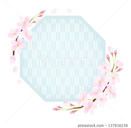 八角形框架，櫻花花瓣飄動[八角繡圖案] 137816236