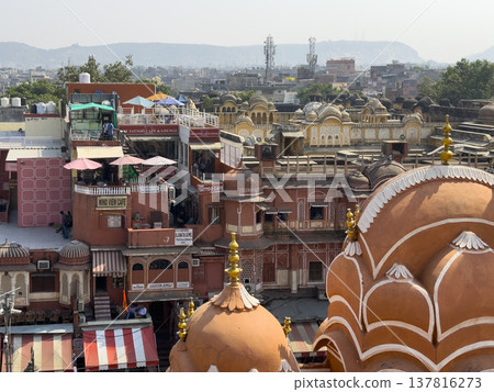 Jaipur India October 20 2024 cityscape reveals historic haveli architecture with pink facade, dome 137816273