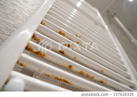 White bathroom radiator showing rust and corrosion damage on its metal surface, indicating urgent need for maintenance and renovation White bathroom radiator showing rust and corrosion damage on its metal surface, indicating urgent need for maintenance and renovation 137816326