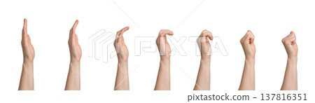Sequence of female hand curling fingers isolated on white background. Young woman arm showing progressive finger movement from open palm to fist. Animation reference, gesture transition, Sequence of female hand curling fingers isolated on white background. Young woman arm showing progressive finger movement from open palm to fist. Animation reference, gesture transition, 137816351