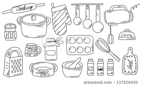 Set of kitchen utensils for cooking in doodle sketch style 137816450