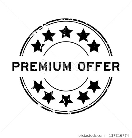 Grunge black premium offer word with star icon round rubber seal stamp on white background 137816774