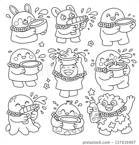 Cute cartoon character, water festival, flower garland, water splashing, happy celebration Cute cartoon character, water festival, flower garland, water splashing, happy celebration 137816907
