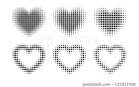 Heart shape frame with halftone dots creates romantic love pattern. Retro gradient effect with manga style texture perfect for Valentines Day designs and digital graphics. Heart shape frame with halftone dots creates romantic love pattern. Retro gradient effect with manga style texture perfect for Valentines Day designs and digital graphics. 137817306
