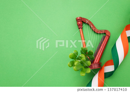 Irish harp, shamrock, and flag ribbon celebrating st. Patrick's day Irish harp, shamrock, and flag ribbon celebrating st. Patrick's day 137817410