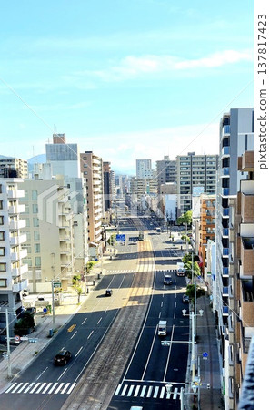 A view of a city with streetcars A view of a city with streetcars 137817423
