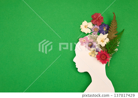 Human head silhouette with pressed flowers representing wellness Human head silhouette with pressed flowers representing wellness 137817429