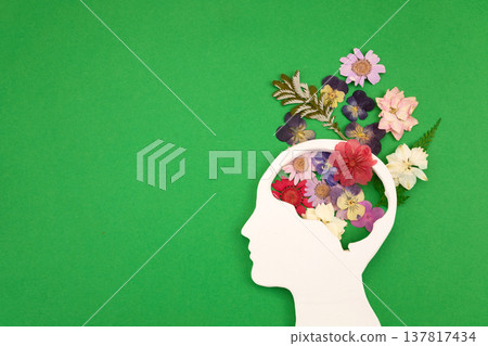 Human head cutout with flowers representing mental wellness Human head cutout with flowers representing mental wellness 137817434