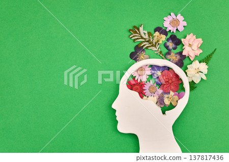 Human brain outline with fresh flowers on green 137817436