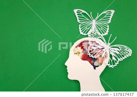 Human head silhouette with flowers and butterflies finding mental peace Human head silhouette with flowers and butterflies finding mental peace 137817437