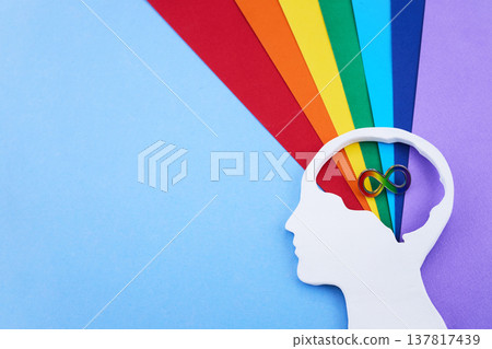 Human head silhouette with rainbow infinity symbol for neurodiversity Human head silhouette with rainbow infinity symbol for neurodiversity 137817439