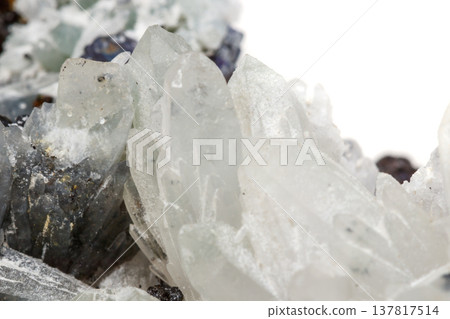 Macro mineral stone Drusus quartz with sphalerite in the rock a white background Macro mineral stone Drusus quartz with sphalerite in the rock a white background 137817514