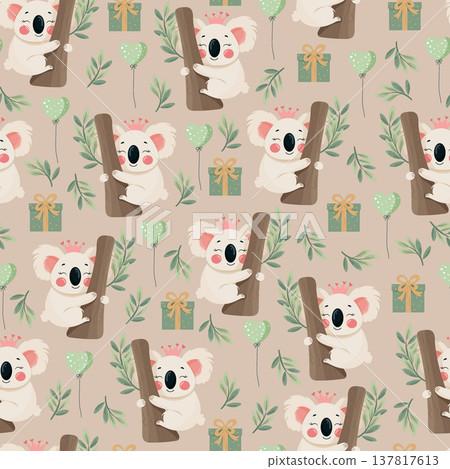 Cute Koala Princess Seamless Pattern with Balloons and Gifts. Adorable nursery style background with baby koala, leaves and birthday elements on white backdrop for kids design. Cute Koala Princess Seamless Pattern with Balloons and Gifts. Adorable nursery style background with baby koala, leaves and birthday elements on white backdrop for kids design. 137817613