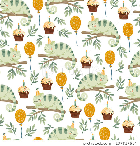 Cute Chameleon Birthday Seamless Pattern with Cupcakes and Balloons. Adorable jungle party background featuring cartoon reptiles on branches, festive hats. Cute Chameleon Birthday Seamless Pattern with Cupcakes and Balloons. Adorable jungle party background featuring cartoon reptiles on branches, festive hats. 137817614