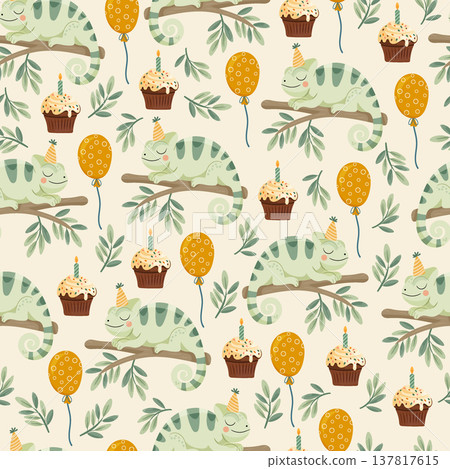 Cute Chameleon Birthday Seamless Pattern with Cupcakes and Balloons. Adorable jungle party background featuring cartoon reptiles on branches, festive hats. 137817615