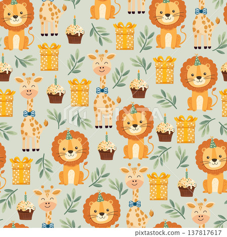 Cute Safari Birthday Seamless Pattern with Lions and Giraffes. Adorable jungle animals with cupcakes, gifts and party hats in pastel colors. Flat vector illustration 137817617