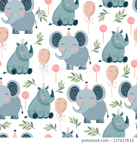 Cute Safari Birthday Seamless Pattern with Elephant and Rhino. Adorable jungle animals with balloons, cupcakes and party hats in soft pastel cartoon style for kids designs. Flat vector illustration 137817618
