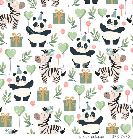 Cute Safari Birthday Seamless Pattern with Panda and Zebra. Adorable jungle animals with balloons, gifts and party hats in pastel colors. Flat vector illustration Cute Safari Birthday Seamless Pattern with Panda and Zebra. Adorable jungle animals with balloons, gifts and party hats in pastel colors. Flat vector illustration 137817620