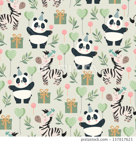 Cute Safari Birthday Seamless Pattern with Panda and Zebra. Adorable jungle animals with balloons, gifts and party hats in pastel colors. Flat vector illustration Cute Safari Birthday Seamless Pattern with Panda and Zebra. Adorable jungle animals with balloons, gifts and party hats in pastel colors. Flat vector illustration 137817621