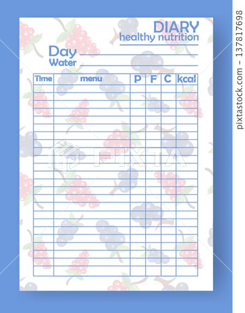 This is a blank diary template designed for tracking healthy eating habits. It includes spaces for daily water intake, menu items, and calorie counts with a fruit-themed background This is a blank diary template designed for tracking healthy eating habits. It includes spaces for daily water intake, menu items, and calorie counts with a fruit-themed background 137817698