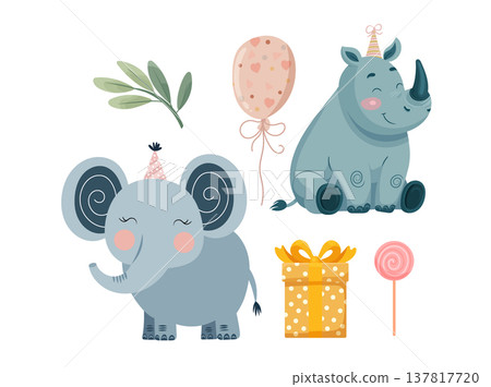 Cute Baby Safari Animals Birthday Set with Elephant and Rhino. Adorable pastel jungle party illustration with balloons, gift box, candy and leaves isolated on white background. Cute Baby Safari Animals Birthday Set with Elephant and Rhino. Adorable pastel jungle party illustration with balloons, gift box, candy and leaves isolated on white background. 137817720