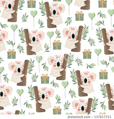 Cute Koala Princess Seamless Pattern with Balloons and Gifts. Adorable nursery style background with baby koala, leaves and birthday elements on white backdrop for kids design. 137817721