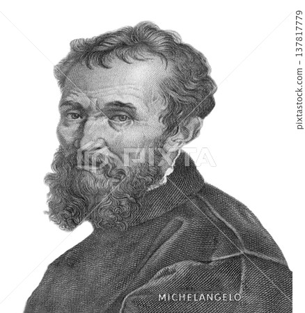 Michelangelo Buonarroti portrait from Italy 1000 lira banknote 1970, isolated on white. 137817779