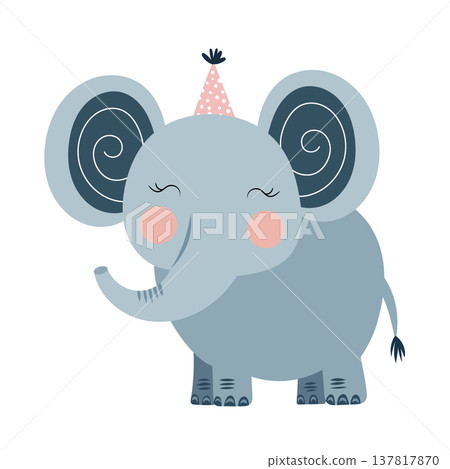 A cute baby elephant wearing a Scandinavian-style holiday hat. A delightful pastel animal illustration. Flat vector clipart, illustration with isolated background. A cute baby elephant wearing a Scandinavian-style holiday hat. A delightful pastel animal illustration. Flat vector clipart, illustration with isolated background. 137817870