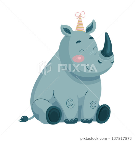 A cute baby rhinoceros sits with a smile in a festive hat in soft pastel colors. Flat vector clipart, illustration with isolated background. A cute baby rhinoceros sits with a smile in a festive hat in soft pastel colors. Flat vector clipart, illustration with isolated background. 137817873