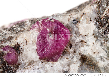 Macro of a mineral Ruby stone on a white background Macro of a mineral Ruby stone on a white background 137817952