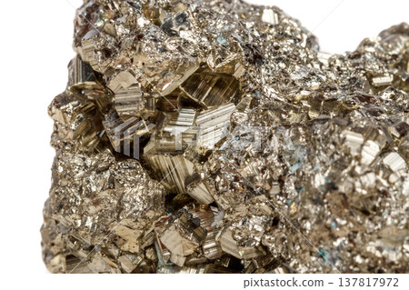 Macro mineral stone Pyrite gold on white background Macro mineral stone Pyrite gold on white background 137817972