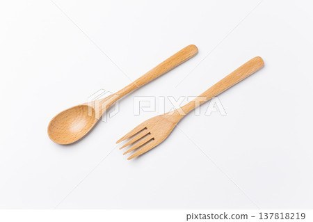 Wooden spoon and fork on a white background 137818219