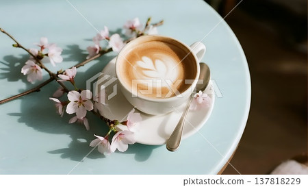一張淡薄荷綠的桌子上放著一杯咖啡拿鐵和一枝櫻花。 137818229