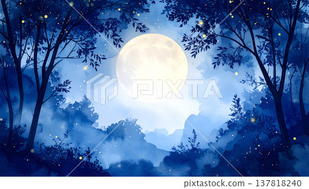 一幅水彩風格的背景畫，描繪了一輪滿月和一片森林，讓人感受到夜晚大自然帶來的寧靜和療癒。 137818240