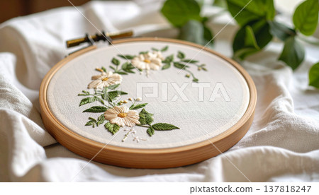 天然刺繡邊框和花卉圖案背景。採用溫暖的手工材料手工製作。 137818247