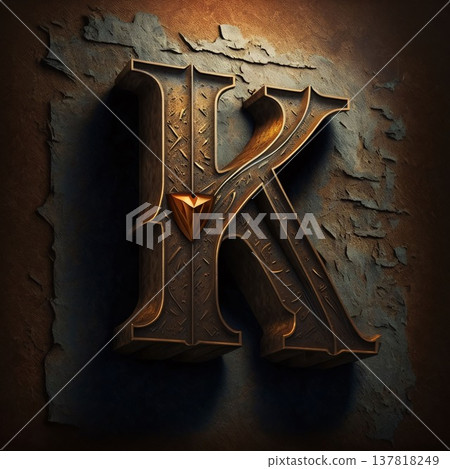 Golden letter K on the wall. 3D illustration. Vintage style. 137818249