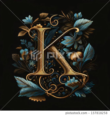 Beautiful decorative letter K with floral ornament in vintage style on black background. Beautiful decorative letter K with floral ornament in vintage style on black background. 137818258