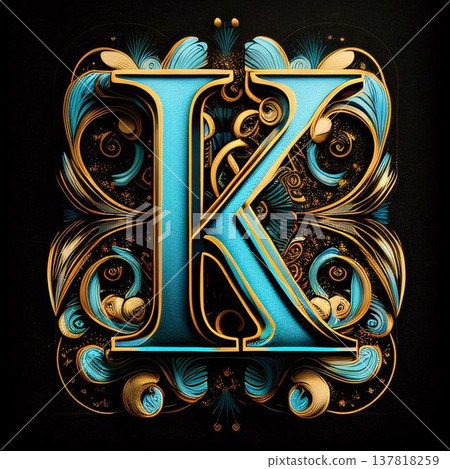 3D render of capital letter K with ornament on black background. 137818259