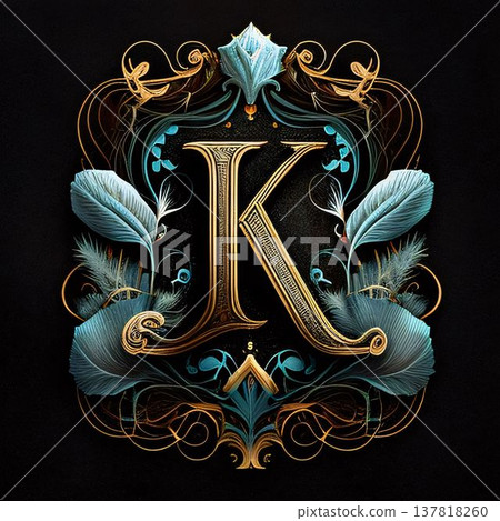 Luxury decorative letter K with feathers and frame. Hand-drawn illustration. 137818260