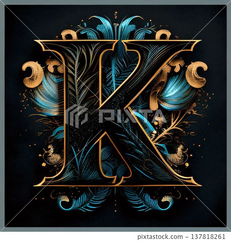 Letter K with floral ornament on black background. Vector Illustration. 137818261