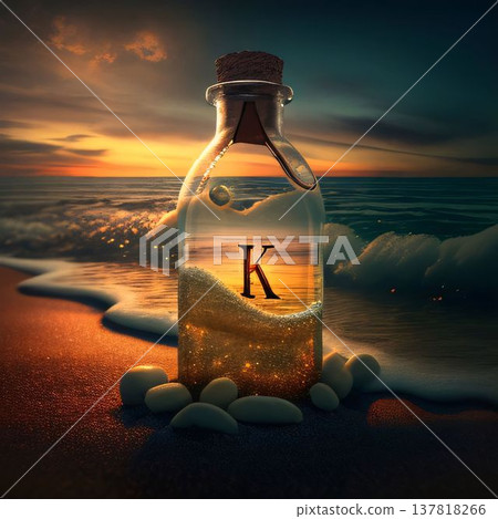 Letter in a bottle on the beach at sunset. 3d render letter K 137818266