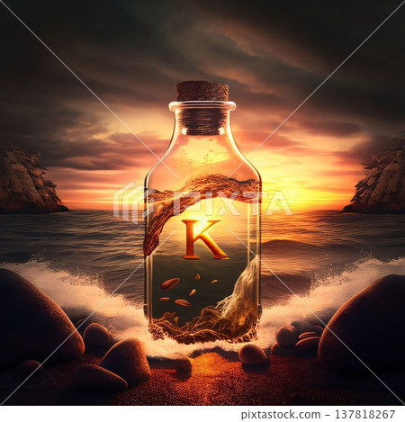 Conceptual image with letter in a bottle on the seashore letter K Conceptual image with letter in a bottle on the seashore letter K 137818267