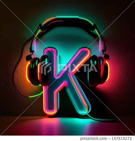 Neon k letter in headphones on dark background. 3d illustration Neon k letter in headphones on dark background. 3d illustration 137818272